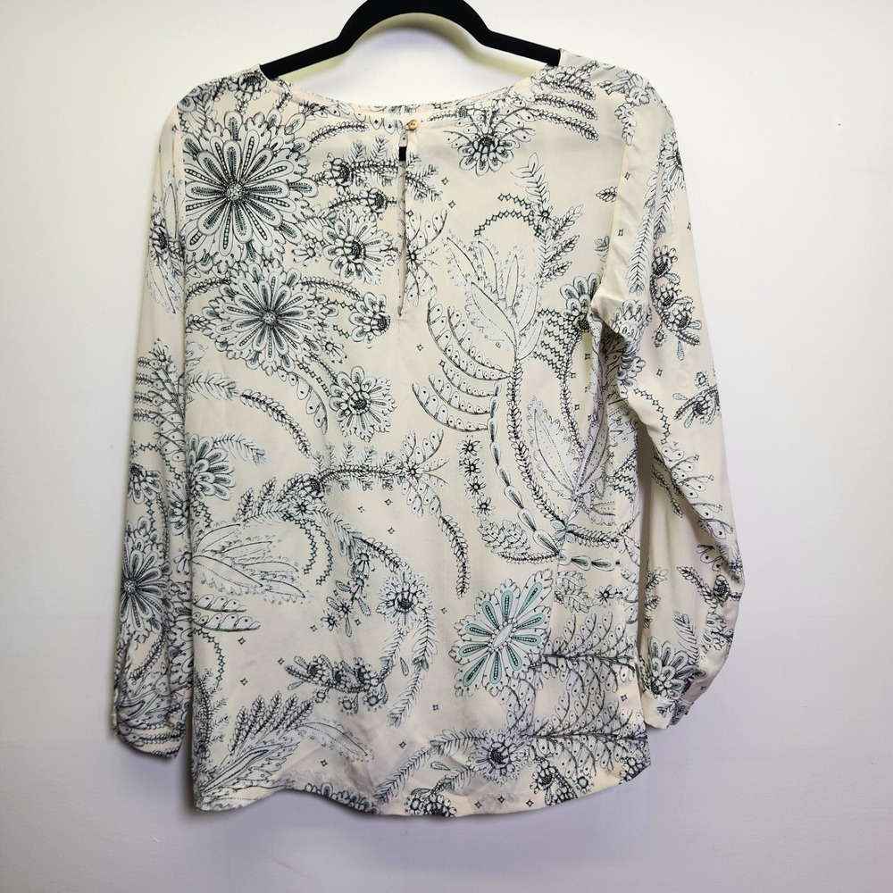 Club Monaco 100% Silk Tunic Blouse XS Keyhole Back Side Slits Paisley Floral